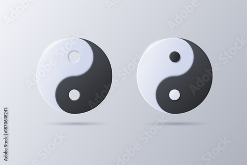 Collection of classic black and white Yin-Yang symbols. They represent balance and harmony. 3D vector illustration.