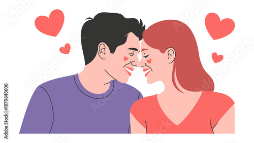 Love's Gentle Embrace: Two individuals share a tender moment of closeness, framed by floating hearts that symbolize the blossoming of affection and the sweetness of romance.