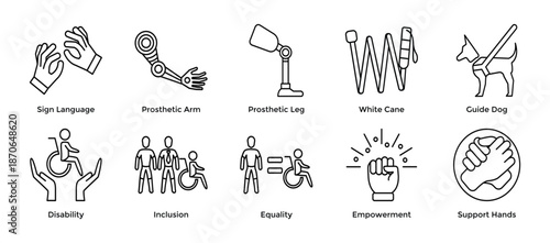 Line Icons Depicting Disability Aids and Accessibility Symbols.