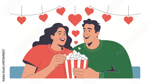 Romantic Movie Night: A charming couple shares a container of popcorn, their eyes locked in mutual fondness as they prepare to enjoy a romantic movie night.