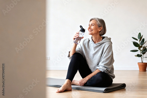 Confident Mature Woman Cooling Down After Exercise, Menopause Wellness, Home Workout Lifestyle