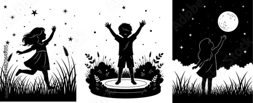 Children silhouettes playing under starry night sky and full moon, magical childhood moments, black and white vector illustration for kids