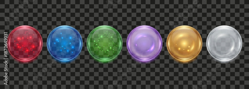 Collection of six colorful glass spheres with light effects. Set of transparent round shapes in red, blue, green, purple, gold, and silver tones against a checkered backdrop.
