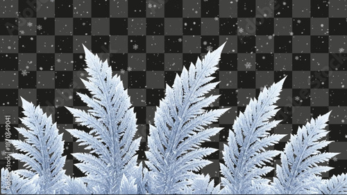 Icy fern fronds with snow flurries against a transparent backdrop. An elegant design element for winter holiday themes, festive cards, and seasonal decorations. Great for overlays and patterns.