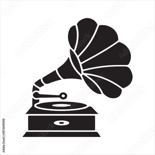 Black silhouette of an antique gramophone with a large horn and turntable phonograph