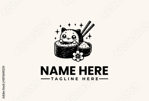 Black and white illustration of a panda mascot enjoying sushi with chopsticks and a flower on a clean white background with a logo template.