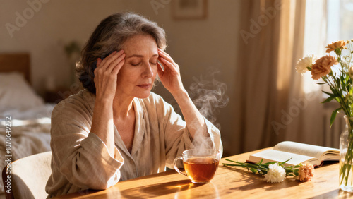 Tired Mature Woman Drinking Herbal Tea, Menopause Wellness, Relaxation and Emotional Balance