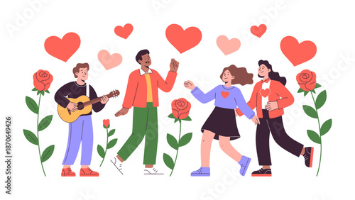 Harmony of Love: A delightful scene of love and joy, where a musician strums a guitar while couples dance amidst floating hearts and roses, a celebration of togetherness and affection.
