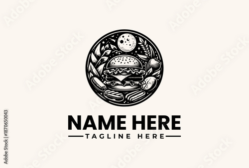 Black and white illustration of a burger logo with vegetables and a moon on a clean background with placeholder text for a name and tagline.