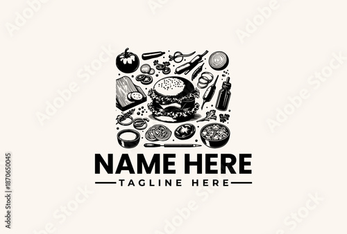 Black and white illustration of various food items and utensils surrounding a burger with text placeholder 'NAME HERE' and 'TAGLINE HERE' in a clean design.