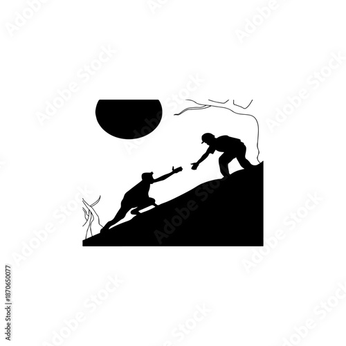 A silhouette illustration showing one person helping another climb a steep hill under a large sun