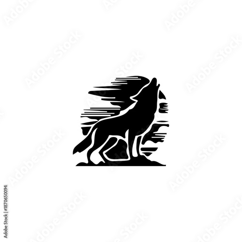 A striking silhouette of a wolf howling at the moon, captured in a stylized vector logo design