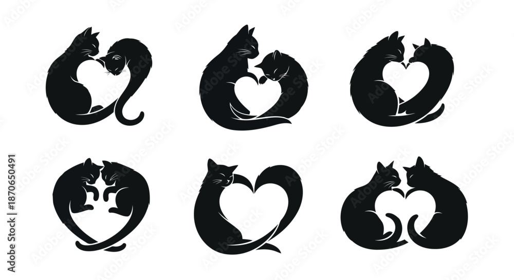 Obraz premium Collection of Vector Cat Silhouettes in Heart Shapes Depicting Affection, Love, and Companionship Perfect for Animal Themed Designs, Pet Store Graphics, and Loving Relationship Concepts