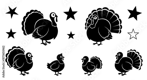 Thanksgiving Turkey and Star Silhouette Vector: Festive Autumn Holiday Illustration, Bird Graphic, Decoration Icon, Celestial Element, Animal Sign