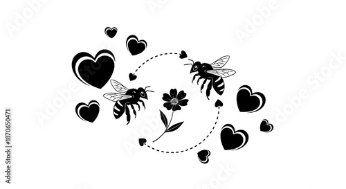 Bees Flying Around Flower with Hearts  Monochrome Vector Illustration Isolated on White Background for Nature and Love Themed Design Projects