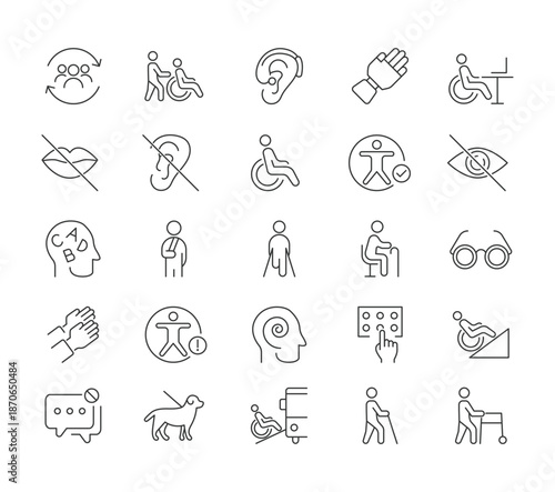 Line Icons Depicting Disability and Accessibility Symbols.