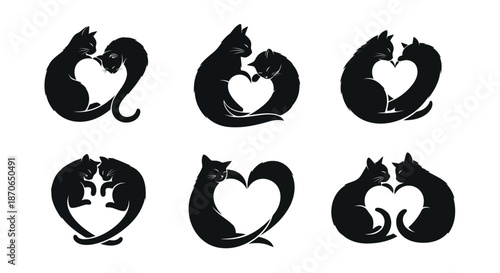 Collection of Vector Cat Silhouettes in Heart Shapes Depicting Affection, Love, and Companionship Perfect for Animal Themed Designs, Pet Store Graphics, and Loving Relationship Concepts