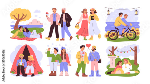 Love's Many Chapters: A collection of illustrations depicting diverse couples sharing tender moments across various settings and seasons, celebrating the beauty of togetherness and affection.