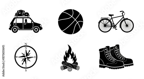 Adventure Travel Icons Set Vector Illustration Car with Luggage Basketball Bicycle Compass Campfire and Trekking Boots for Active Lifestyle and Outdoor Activities Black and White Graphics