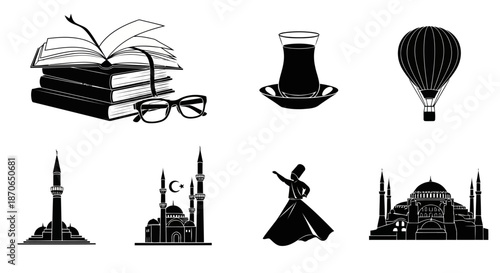 Turkish Culture Icons Vector Illustration Set Stack of Books with Glasses Tea Glass Hot Air Balloon and Islamic Architecture Black and White Graphics for Travel and Tourism