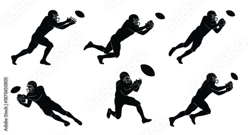 Football Player Catching Ball Silhouette Set American Sports Game Action Vector Illustration Isolated on White Background Design