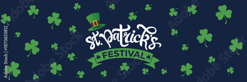 Playful white hand-lettered "St. Patrick's Festival" text with green leprechaun hat, ribbon banner, and scattered shamrocks on navy blue background. Vibrant vector illustration ideal for event posters