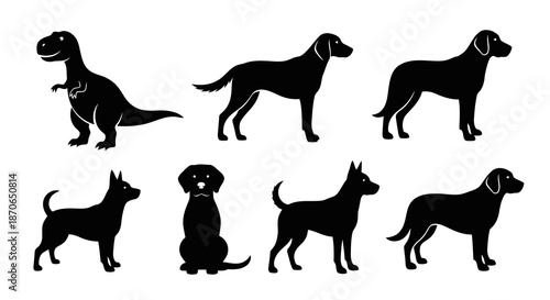 Dog Silhouette Set with Dinosaur Toy Animal Pet Vector Illustration Isolated on White Background Collection Design