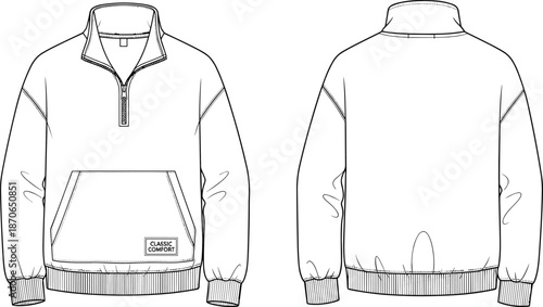 Half zip sweatshirt technical fashion illustration, front and back view, casual pullover design, menswear apparel cad drawing flat vector illustration