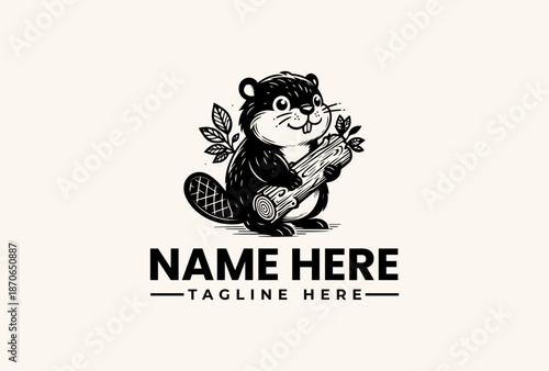 Black and white illustration of a cartoon beaver holding a plant, with leaves and a logo template on a clean background.