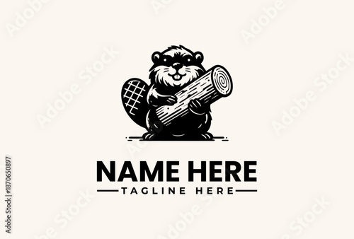 A black and white illustration of a beaver holding a log with a placeholder text for a logo and tagline on a beige background.