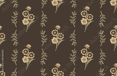 Hand drawn gentle botanical floral seamless pattern with vintage block print style.