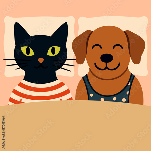Pet shop advertisement. Black cat and brown dog lying in bed on pillows, covered with blanket. Vector illustration