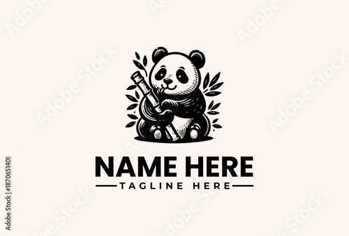 A black and white illustration of a panda holding a pencil, surrounded by leaves, with a placeholder name and tagline on a clean background, featuring a logo and vector graphic design