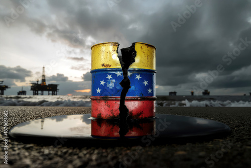 Symbolic cracked oil barrel painted in national flag of Venezuela with oil spill on coast, offshore rigs in background. Generative AI