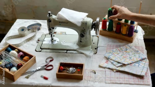 A vintage sewing machine on a white table with a hand reaching for colorful threads, surrounded by various sewing tools and fabric pieces.