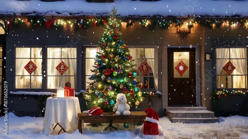A cozy house decorated for Christmas with a large tree, falling snow, and festive lights, creating a warm winter scene.