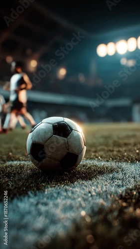 Soccer ball resting on grass during night football match
