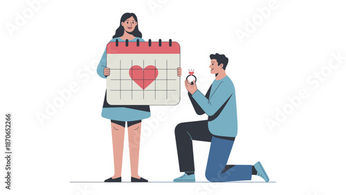 Proposal of Forever: A man goes down on one knee presenting a diamond ring to his partner who is holding a calendar with a heart. A beautiful representation of a moment in their life.