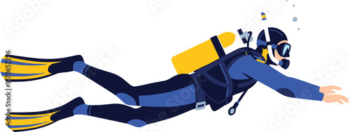 Scuba diver swimming underwater with oxygen tank fins and mask flat vector illustration isolated white background aquatic adventure concept