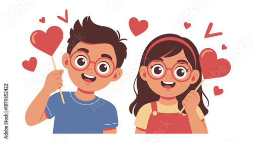 Love's Gentle Embrace: Two children, their faces alight with joy, playfully hold heart-shaped props, embodying the innocent sweetness of affection and connection.