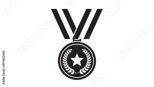 Elegant black and white medal with star and laurel insignia captured in a minimalist circular design.