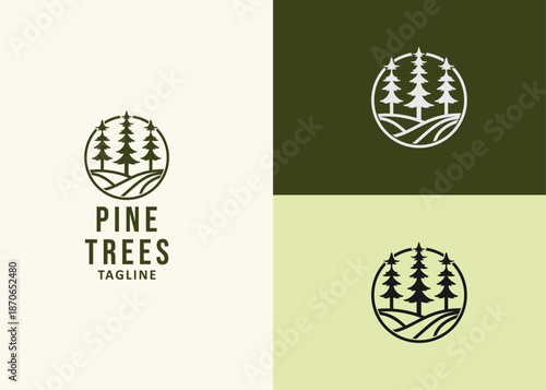 This minimalist vector logo features a tall pine tree above a landscape with a simple soil pattern. Perfect for outdoor adventures, camping gear, or any nature-related business.