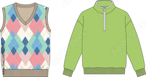 Sweater vest and zip neck pullover technical fashion illustration, casual knitwear design, modern apparel cad drawing flat vector illustration