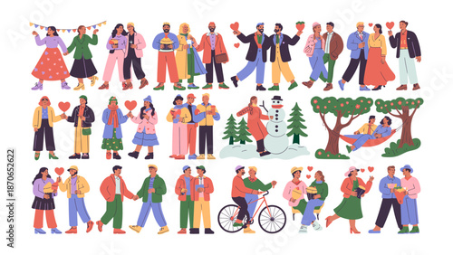 A Celebration of Love: A heartwarming illustration showcases various couples engaged in intimate moments, expressing affection and companionship, perfect for romantic themes and designs.