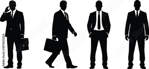 Businessmen silhouette set wearing suits, professional male figures standing and walking, corporate people icons isolated on white background vector illustration