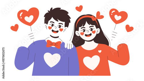 Love's Tender Embrace: A romantic couple celebrates their love with hearts and smiles. A sweet moment illustrating affection and togetherness.