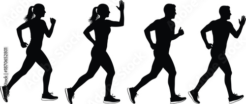 Running people silhouettes, male and female joggers, fitness training motion, healthy lifestyle exercise concept, isolated black vector illustration, design, set