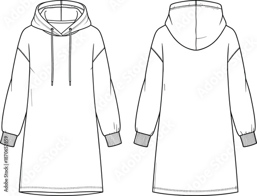 Women hooded sweatshirt dress technical drawing, front and back view, long hoodie apparel design, cad drawing flat vector illustration