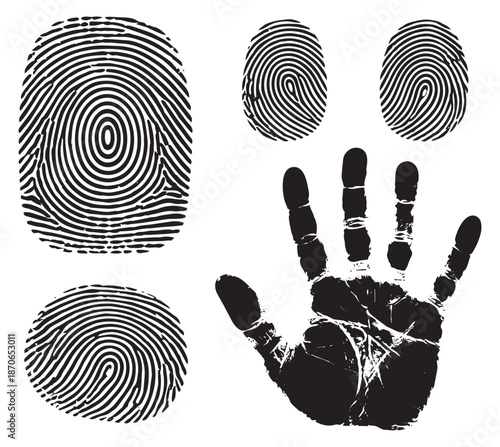 Graphic fingerprint and handprint set featuring biometric identification elements for security and forensic applications