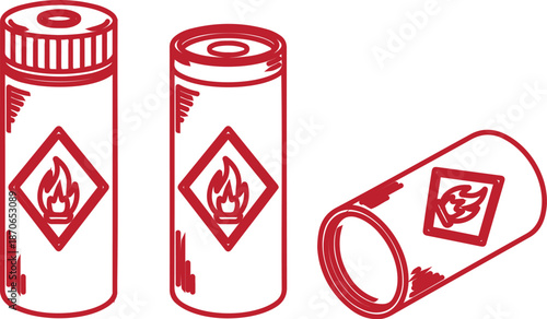 Three red cylindrical containers, each with a distinct flame symbol on them.